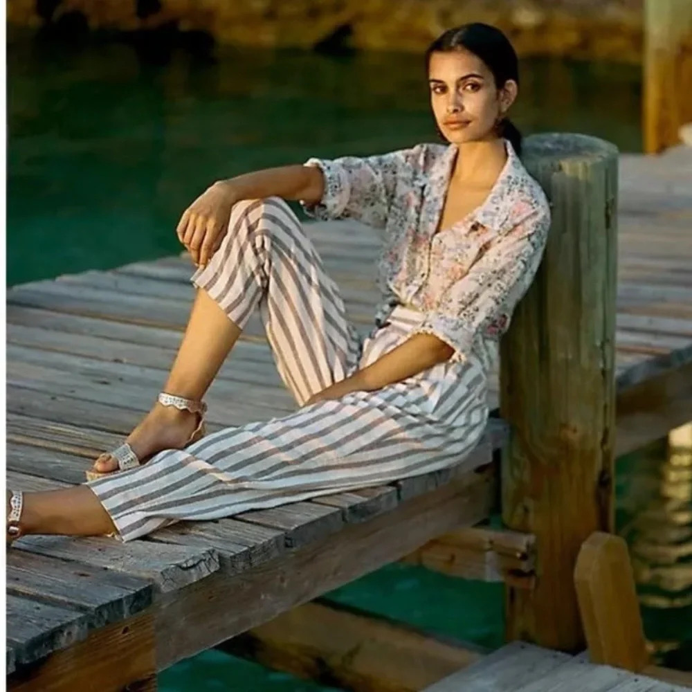 Anthropologie Oasis Striped Pants linen vacation lightweight